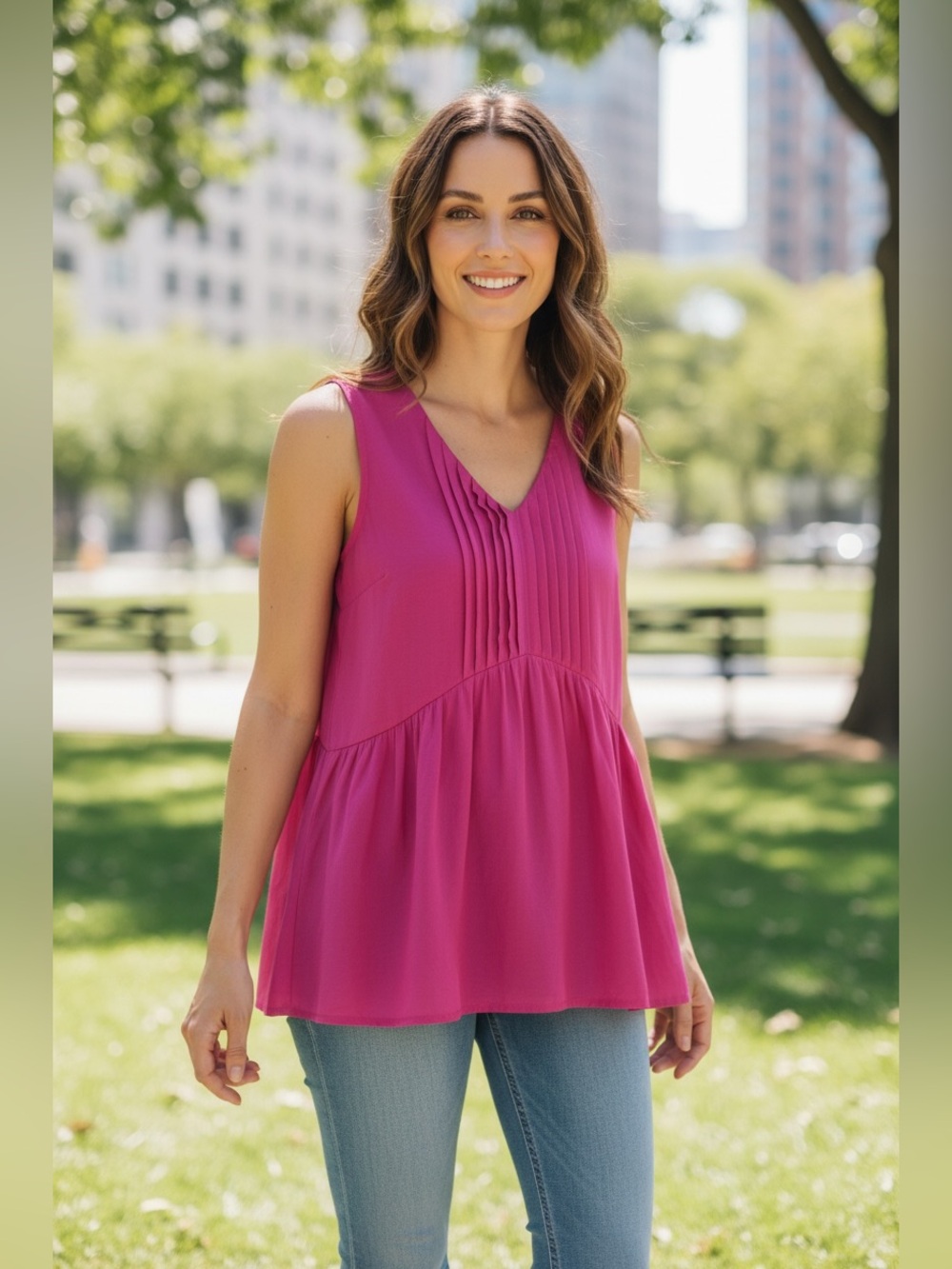 Weekend Max Mara Fuchsia Pleated V-Neck Sleeveless Top